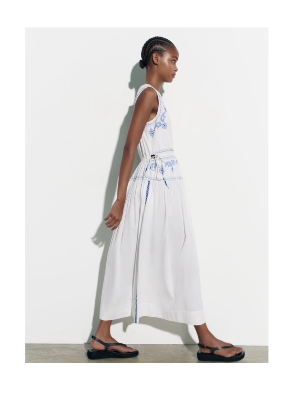 Zara Embroidered Midi Maxi Dress White Blue Cotton Embellished Boho S Small - Picture 10 of 15